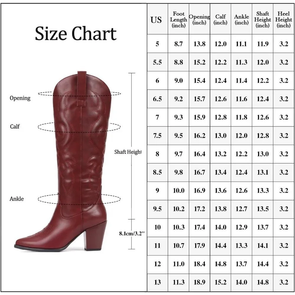 Women Burgundy Western Knee High Cowgirl Boots with Side Zipper Retro Pointed